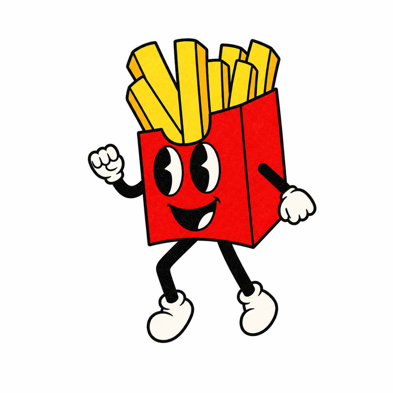 Mascota de Hot Patata: caja roja de papas fritas con brazos y piernas